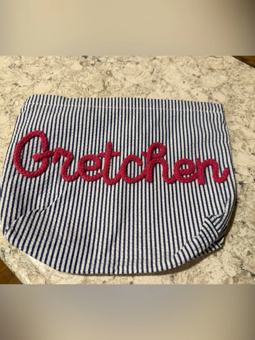 Striped Navy Cosmetic Pouch with Pink Rope Name Embroidery